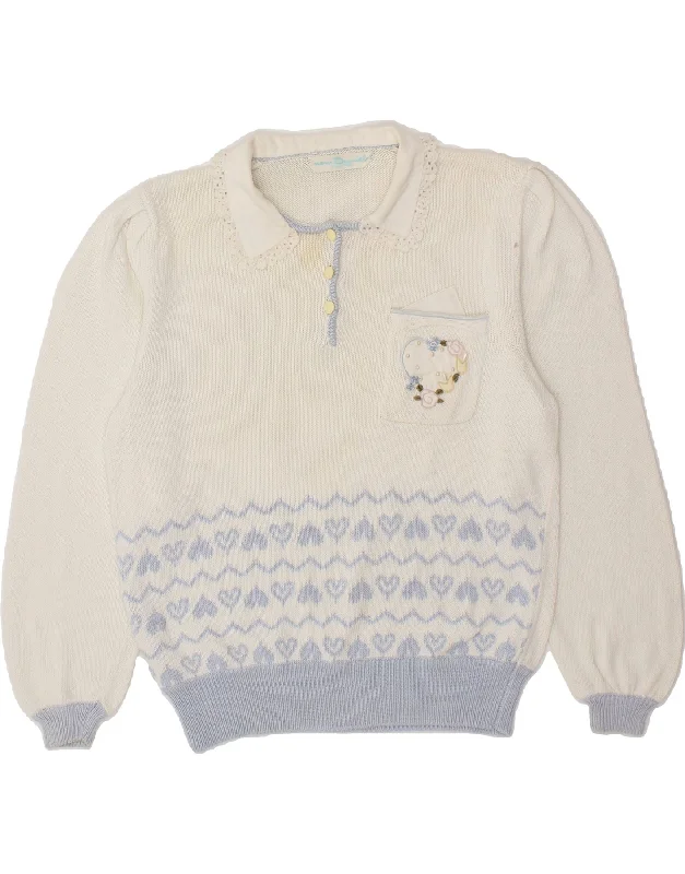 VINTAGE Womens Abstract Pattern Polo Neck Jumper Sweater UK 10 Small White Fleece Sweater Nylon Polyester VINTAGE Womens Abstract Pattern Polo Neck Jumper Sweater UK 10 Small White Fleece Sweater Nylon Polyester