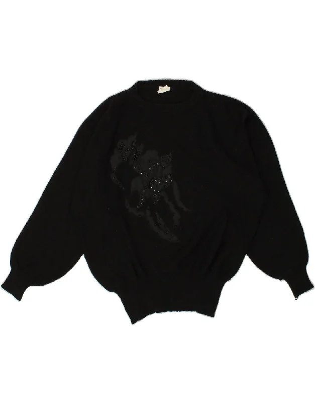 VINTAGE Womens Boat Neck Jumper Sweater IT 44/46 Medium Black Floral Boxy Sweater Fitted Sweater A-Line VINTAGE Womens Boat Neck Jumper Sweater IT 44/46 Medium Black Floral Boxy Sweater Fitted Sweater A-Line