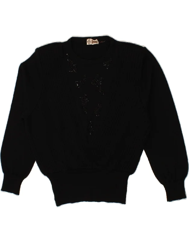 VINTAGE Womens Boat Neck Jumper Sweater UK 12 Medium Black Wool Front Pockets Side Pockets Patch Pockets VINTAGE Womens Boat Neck Jumper Sweater UK 12 Medium Black Wool Front Pockets Side Pockets Patch Pockets