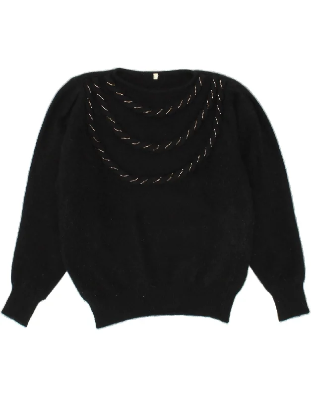 VINTAGE Womens Boat Neck Jumper Sweater UK 14 Medium Black Angora Mesh Blend Leather Blend Suede Blend VINTAGE Womens Boat Neck Jumper Sweater UK 14 Medium Black Angora Mesh Blend Leather Blend Suede Blend
