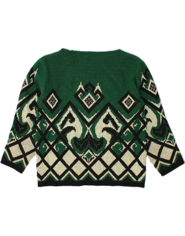 VINTAGE Womens Boat Neck Jumper Sweater UK 14 Medium Green Fair Isle Front Pockets Side Pockets Patch Pockets VINTAGE Womens Boat Neck Jumper Sweater UK 14 Medium Green Fair Isle Front Pockets Side Pockets Patch Pockets
