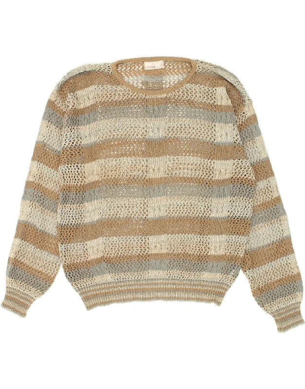 VINTAGE Womens Boat Neck Jumper Sweater UK 16 Large Beige Striped Cotton Spandex Blend Rayon Blend Denim Blend