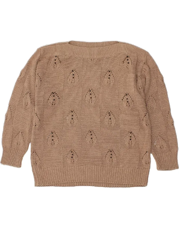 VINTAGE Womens Boat Neck Jumper Sweater UK 20 2XL Brown Cotton Cashmere Blend Cotton Blend Poly Blend