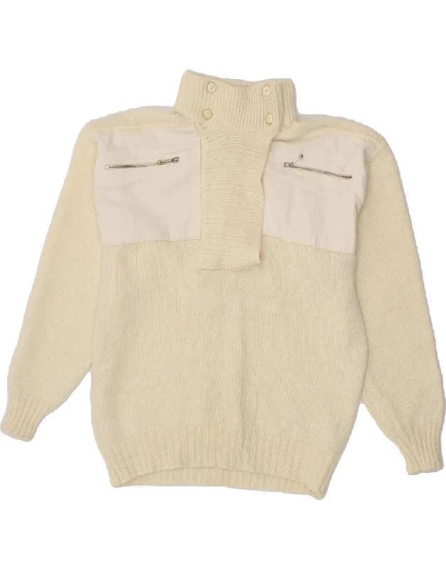 VINTAGE Womens Button Neck Jumper Sweater UK 16 Large Off White Welt Pockets Slit Pockets Flap Pockets VINTAGE Womens Button Neck Jumper Sweater UK 16 Large Off White Welt Pockets Slit Pockets Flap Pockets