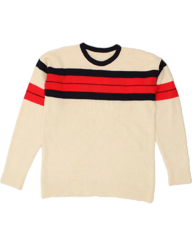 VINTAGE Womens Crew Neck Jumper Sweater UK 12 Medium Beige Striped Bright Pastel Dark VINTAGE Womens Crew Neck Jumper Sweater UK 12 Medium Beige Striped Bright Pastel Dark
