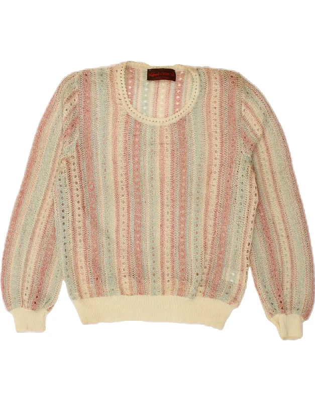 VINTAGE Womens Crew Neck Jumper Sweater UK 12 Medium Beige Striped Chenille Fabric Brocade Fabric Lace Fabric VINTAGE Womens Crew Neck Jumper Sweater UK 12 Medium Beige Striped Chenille Fabric Brocade Fabric Lace Fabric