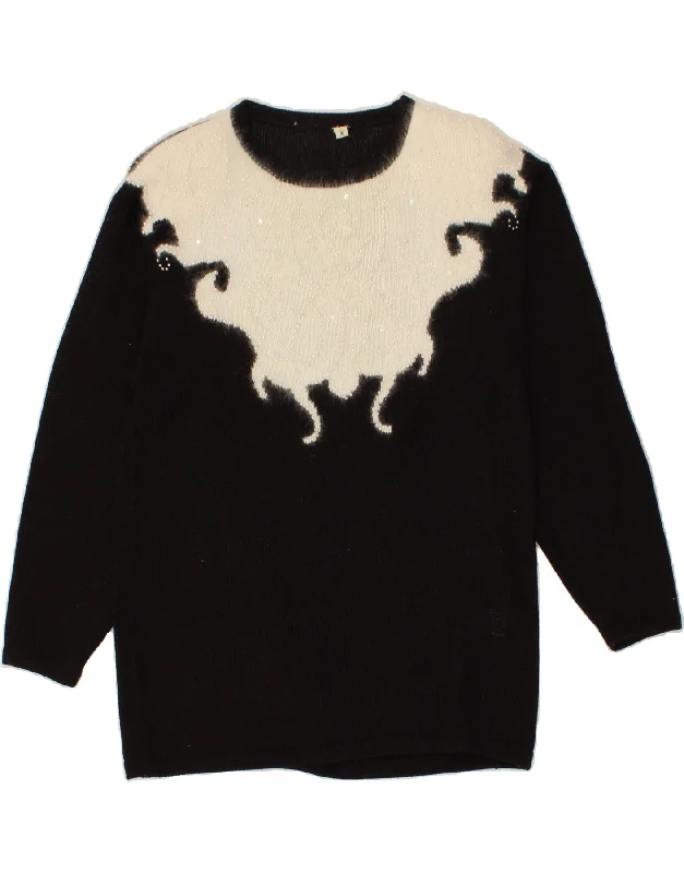 VINTAGE Womens Crew Neck Jumper Sweater UK 14 Medium Black Colourblock Transparent Opaque Sheer VINTAGE Womens Crew Neck Jumper Sweater UK 14 Medium Black Colourblock Transparent Opaque Sheer