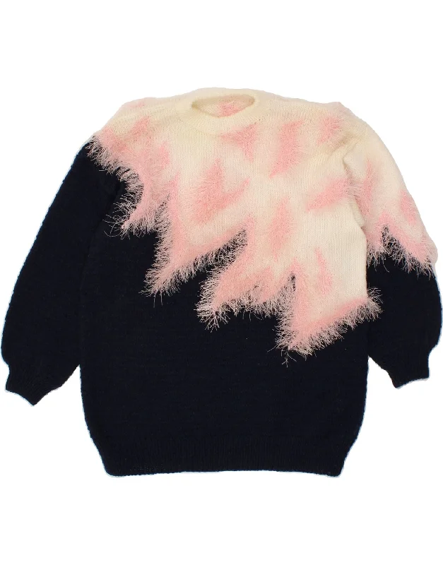 VINTAGE Womens Crew Neck Jumper Sweater UK 16 Large Navy Blue Colourblock Chenille Blend Fleece Blend Nylon Blend