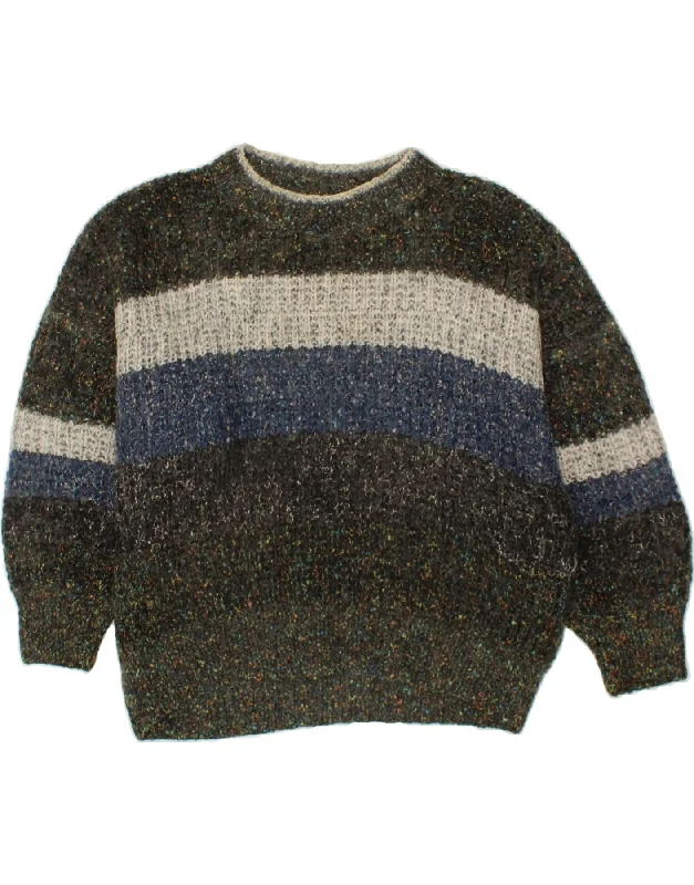VINTAGE Womens Crew Neck Jumper Sweater UK 20 2XL Grey Flecked Solid Color Striped Floral Print