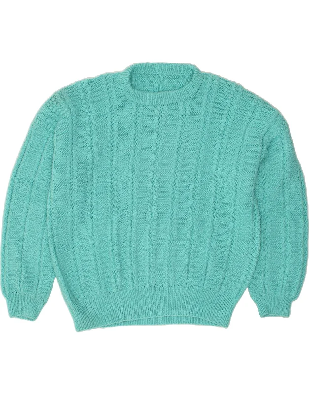 VINTAGE Womens Crew Neck Jumper Sweater UK 20 2XL Turquoise Spandex Rayon Corduroy