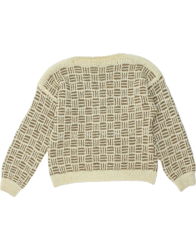 VINTAGE Womens Crop Boat Neck Jumper Sweater UK 10 Small Beige Geometric Ribbed Striped Patterned VINTAGE Womens Crop Boat Neck Jumper Sweater UK 10 Small Beige Geometric Ribbed Striped Patterned