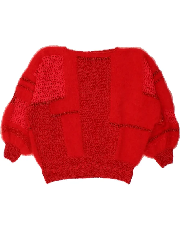 VINTAGE Womens Crop Boat Neck Jumper Sweater UK 16 Large Red Thin Thick Dense