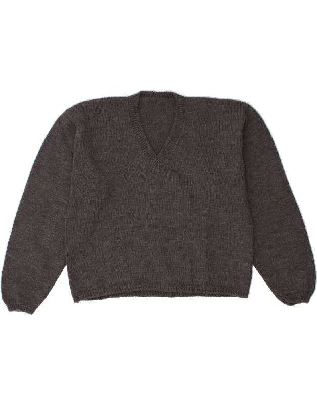 VINTAGE Womens Crop V-Neck Jumper Sweater UK 16 Large Grey Transparent Opaque Sheer