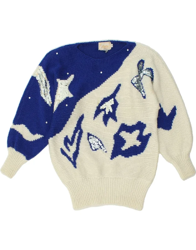 VINTAGE Womens Graphic Boat Neck Jumper Sweater UK 14 Medium White Long Sweater Short Sweater Cropped Sweater VINTAGE Womens Graphic Boat Neck Jumper Sweater UK 14 Medium White Long Sweater Short Sweater Cropped Sweater