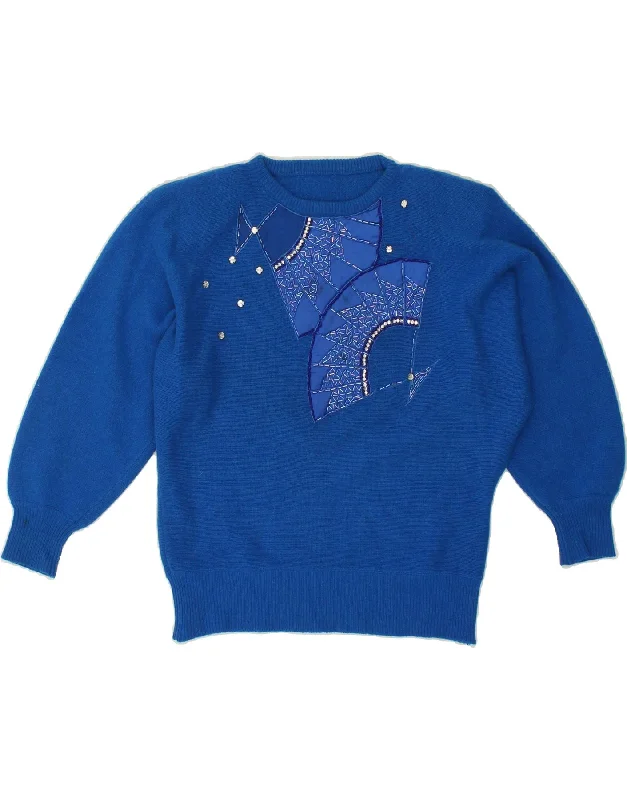 VINTAGE Womens Graphic Crew Neck Jumper Sweater UK 16 Large Blue Wool Velvet Chenille Corduroy VINTAGE Womens Graphic Crew Neck Jumper Sweater UK 16 Large Blue Wool Velvet Chenille Corduroy