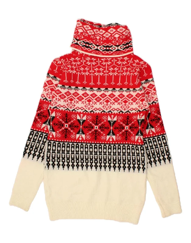VINTAGE Womens Longline Roll Neck Jumper Sweater UK 6 XS Red Fair Isle Cotton Fabric Linen Fabric Terry Fabric VINTAGE Womens Longline Roll Neck Jumper Sweater UK 6 XS Red Fair Isle Cotton Fabric Linen Fabric Terry Fabric