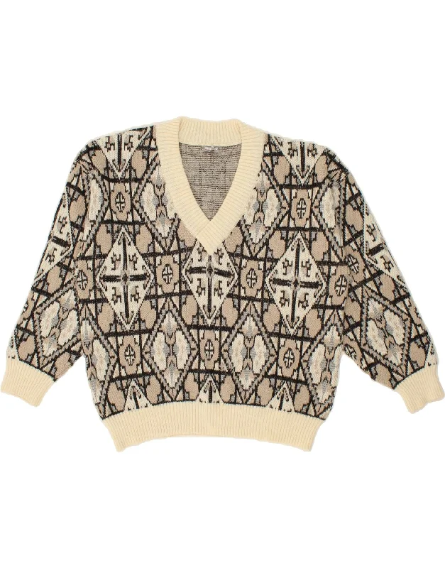 VINTAGE Womens Oversized V-Neck Jumper Sweater UK 16 Large Beige Mesh Fabric Canvas Fabric Denim Fabric VINTAGE Womens Oversized V-Neck Jumper Sweater UK 16 Large Beige Mesh Fabric Canvas Fabric Denim Fabric