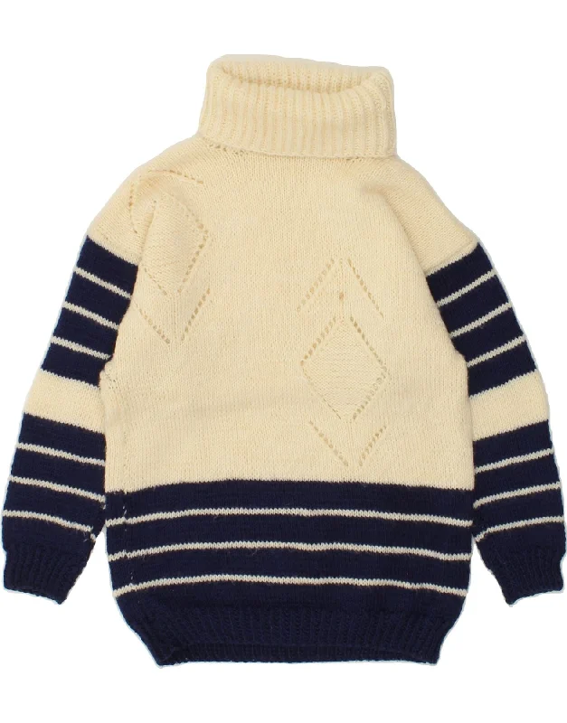 VINTAGE Womens Roll Neck Jumper Sweater UK 4 XS White Colourblock Graphic Sweater Embroidered Appliqued VINTAGE Womens Roll Neck Jumper Sweater UK 4 XS White Colourblock Graphic Sweater Embroidered Appliqued