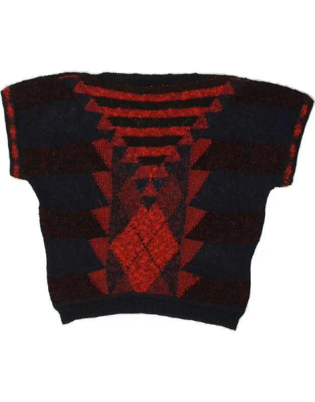 VINTAGE Womens Short Sleeve Boat Neck Jumper Sweater UK 16 Large Navy Blue Zippered Buttoned Snapped VINTAGE Womens Short Sleeve Boat Neck Jumper Sweater UK 16 Large Navy Blue Zippered Buttoned Snapped
