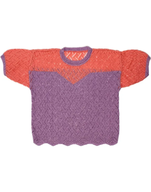 VINTAGE Womens Short Sleeve Crew Neck Jumper Sweater UK 14 Large Purple Print Jacquard Patchwork VINTAGE Womens Short Sleeve Crew Neck Jumper Sweater UK 14 Large Purple Print Jacquard Patchwork