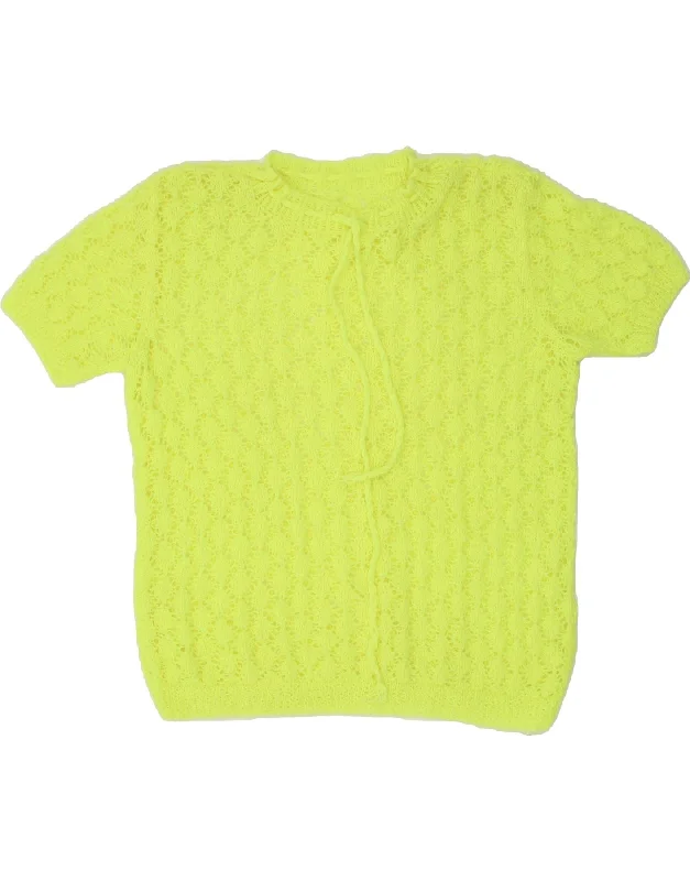 VINTAGE Womens Short Sleeve Crew Neck Jumper Sweater UK 14 Medium Green Graphic Sweater Embroidered Appliqued VINTAGE Womens Short Sleeve Crew Neck Jumper Sweater UK 14 Medium Green Graphic Sweater Embroidered Appliqued