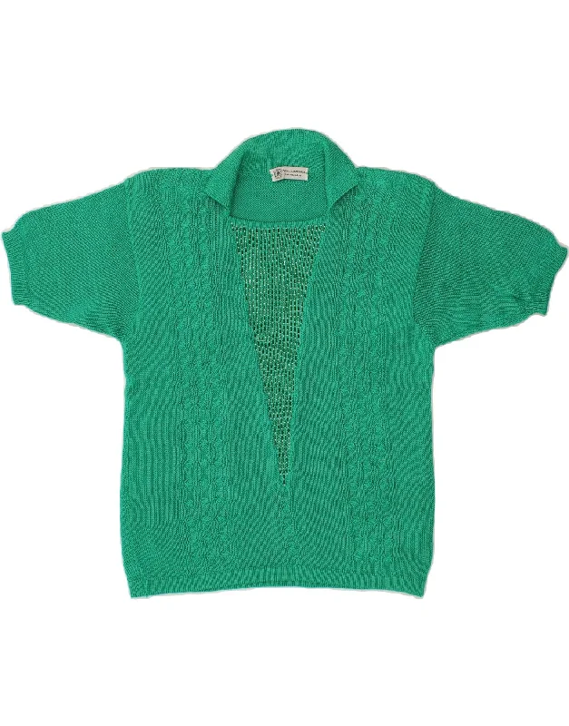 VINTAGE Womens Short Sleeve Polo Neck Jumper Sweater IT 48 XL Green Cotton Boxy Sweater Fitted Sweater A-Line VINTAGE Womens Short Sleeve Polo Neck Jumper Sweater IT 48 XL Green Cotton Boxy Sweater Fitted Sweater A-Line