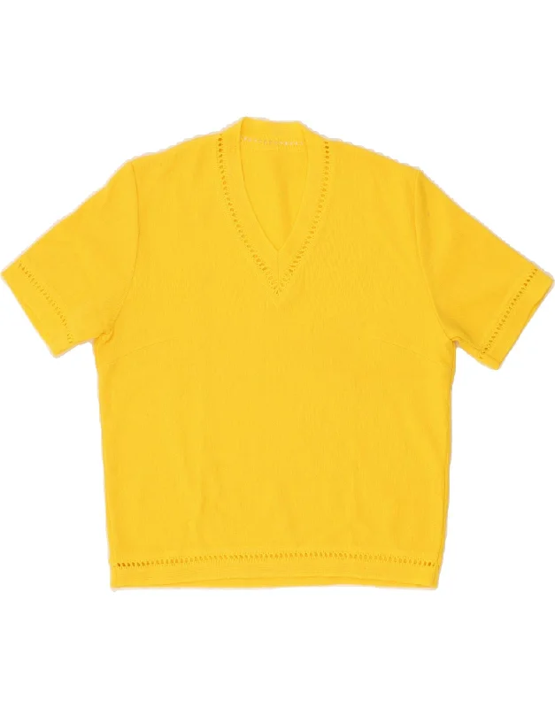 VINTAGE Womens Short Sleeve V-Neck Jumper Sweater IT 44 Medium Yellow Nylon Fabric Polyester Fabric Spandex Fabric VINTAGE Womens Short Sleeve V-Neck Jumper Sweater IT 44 Medium Yellow Nylon Fabric Polyester Fabric Spandex Fabric