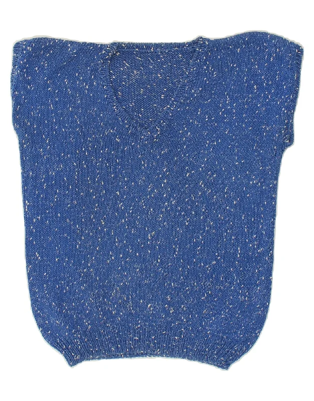 VINTAGE Womens Short Sleeve V-Neck Jumper Sweater UK 12 Medium Blue Notch Collar Peter Pan Collar Cowl Neck VINTAGE Womens Short Sleeve V-Neck Jumper Sweater UK 12 Medium Blue Notch Collar Peter Pan Collar Cowl Neck