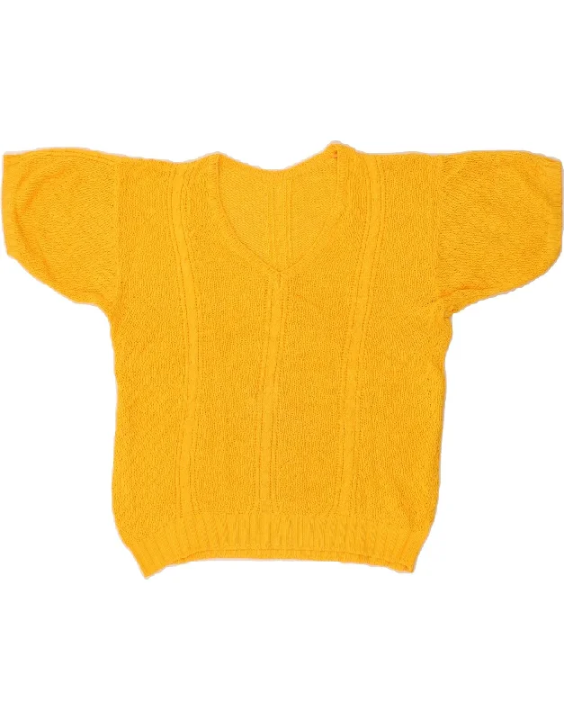 VINTAGE Womens Short Sleeve V-Neck Jumper Sweater UK 12 Medium Yellow Anti-Pilling Anti-Shrink Durable VINTAGE Womens Short Sleeve V-Neck Jumper Sweater UK 12 Medium Yellow Anti-Pilling Anti-Shrink Durable