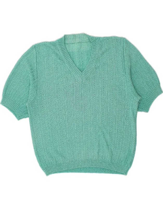 VINTAGE Womens Short Sleeve V-Neck Jumper Sweater UK 14 Medium Turquoise Cashmere Blend Cotton Blend Poly Blend VINTAGE Womens Short Sleeve V-Neck Jumper Sweater UK 14 Medium Turquoise Cashmere Blend Cotton Blend Poly Blend