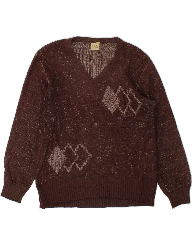 VINTAGE Womens V-Neck Jumper Sweater IT 48 XL Brown Argyle/Diamond Acrylic Nylon Fabric Polyester Fabric Spandex Fabric VINTAGE Womens V-Neck Jumper Sweater IT 48 XL Brown Argyle/Diamond Acrylic Nylon Fabric Polyester Fabric Spandex Fabric