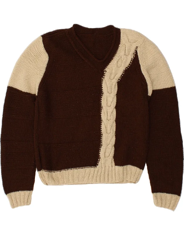 VINTAGE Womens V-Neck Jumper Sweater UK 14 Large Brown Colourblock Striped Floral Plaid