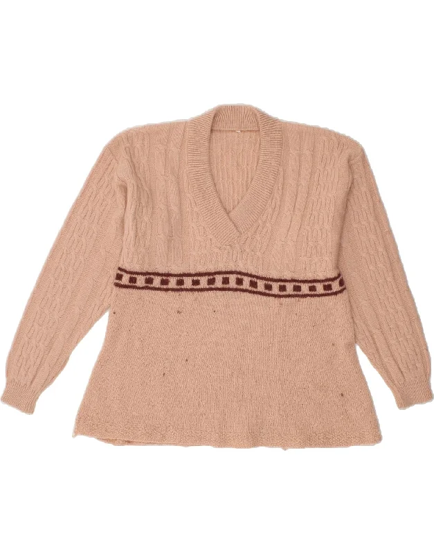 VINTAGE Womens V-Neck Jumper Sweater UK 14 Medium Beige Thin Thick Dense