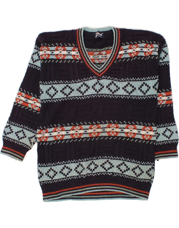 VINTAGE Womens V-Neck Jumper Sweater UK 16 Large Navy Blue Fair Isle Seamless Knitted Crochet VINTAGE Womens V-Neck Jumper Sweater UK 16 Large Navy Blue Fair Isle Seamless Knitted Crochet