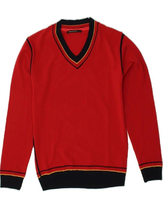 VINTAGE Womens V-Neck Jumper Sweater UK 16 Large Red Cotton Denim Fabric Leather Fabric Suede Fabric VINTAGE Womens V-Neck Jumper Sweater UK 16 Large Red Cotton Denim Fabric Leather Fabric Suede Fabric