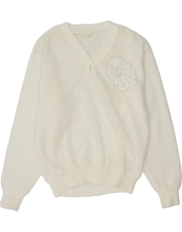 VINTAGE Womens V-Neck Jumper Sweater UK 16 Large White Floral Acrylic Faux Fur Fabric Real Fur Fabric Shearling Fabric VINTAGE Womens V-Neck Jumper Sweater UK 16 Large White Floral Acrylic Faux Fur Fabric Real Fur Fabric Shearling Fabric