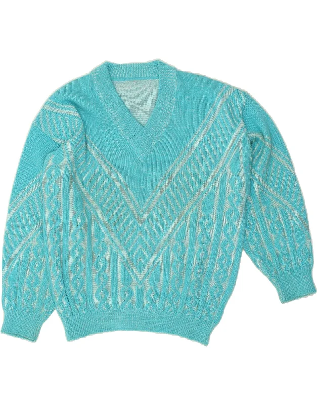 VINTAGE Womens V-Neck Jumper Sweater UK 18 XL Blue Striped Neon Metallic Matte