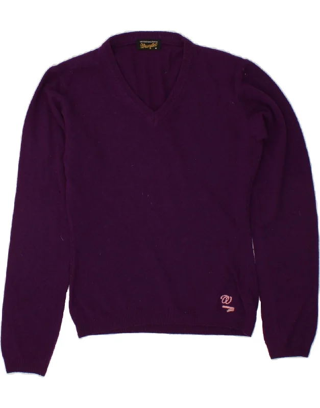 WRANGLER Womens V-Neck Jumper Sweater UK 14 Medium Purple Wool Thin Thick Dense