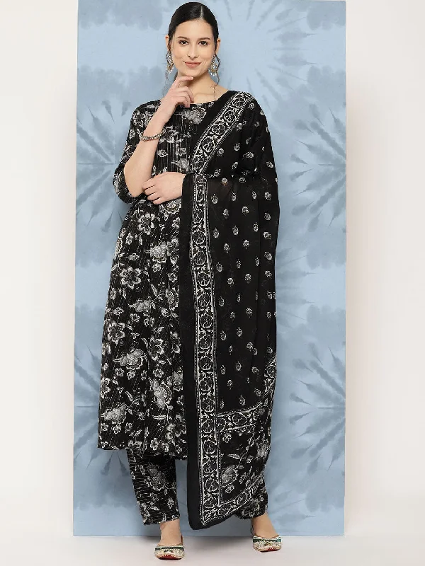 Women Black Floral Printed Flared Kurta With Trouser And Dupatta Trousers Silk Elegant