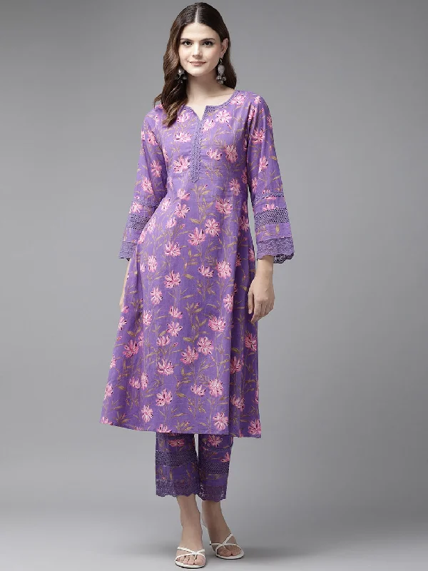 Women Purple Pure Cotton kurta set with embroidery Kurta Trouser Set Wide Leg Loose Fit Mid Waist