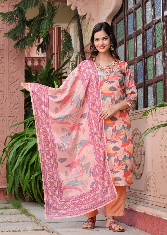 Women Floral Printed Regular Pure Cotton Straight Kurta With Trousers Dupatta Trousers Prom Sequined Women Floral Printed Regular Pure Cotton Straight Kurta With Trousers Dupatta Trousers Prom Sequined