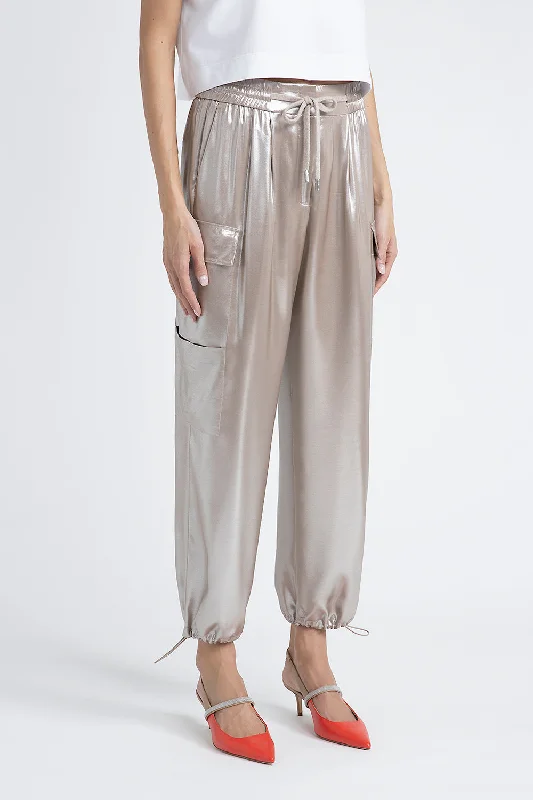 Baggy trousers in flowing silver laminated viscose twill Trousers Fleece Cozy