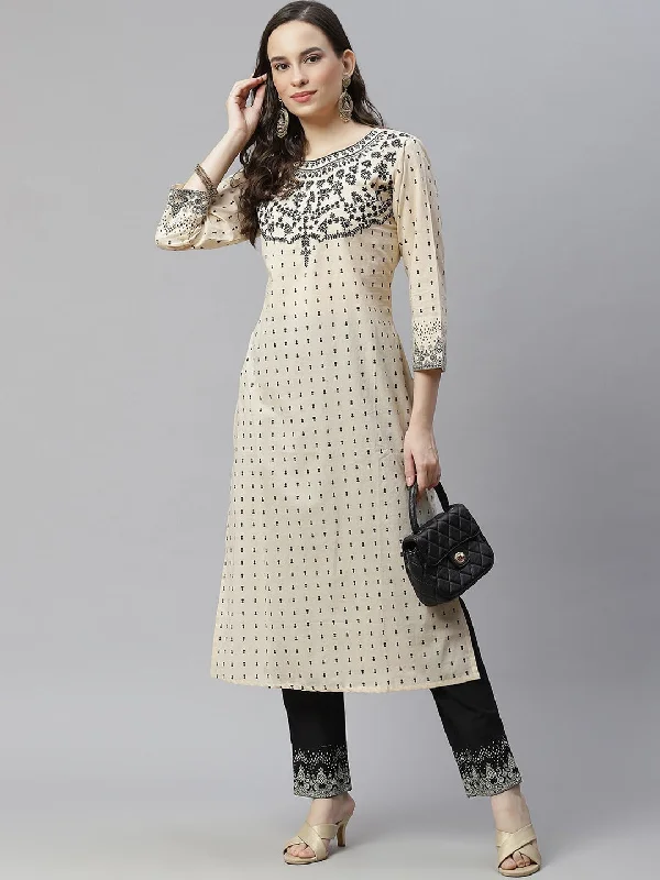 Women Ethnic Motifs Printed Regular Thread Work Pure Cotton Kurta with Trousers Trousers Travel Practical Women Ethnic Motifs Printed Regular Thread Work Pure Cotton Kurta with Trousers Trousers Travel Practical