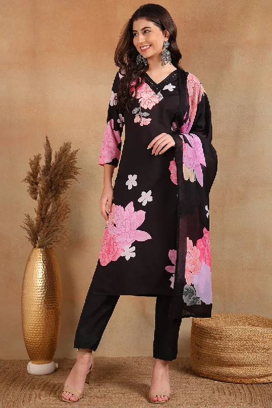 Black Cotton Blend Floral Printed Straight Trouser Suit Set Trousers stylish modern