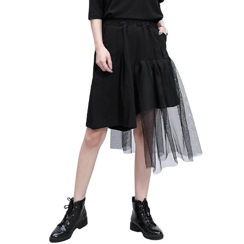 Black Irregular Half Length Trousers With High Elastic Waist / Women's Mesh Loose Fit Shorts Trousers Flared Retro