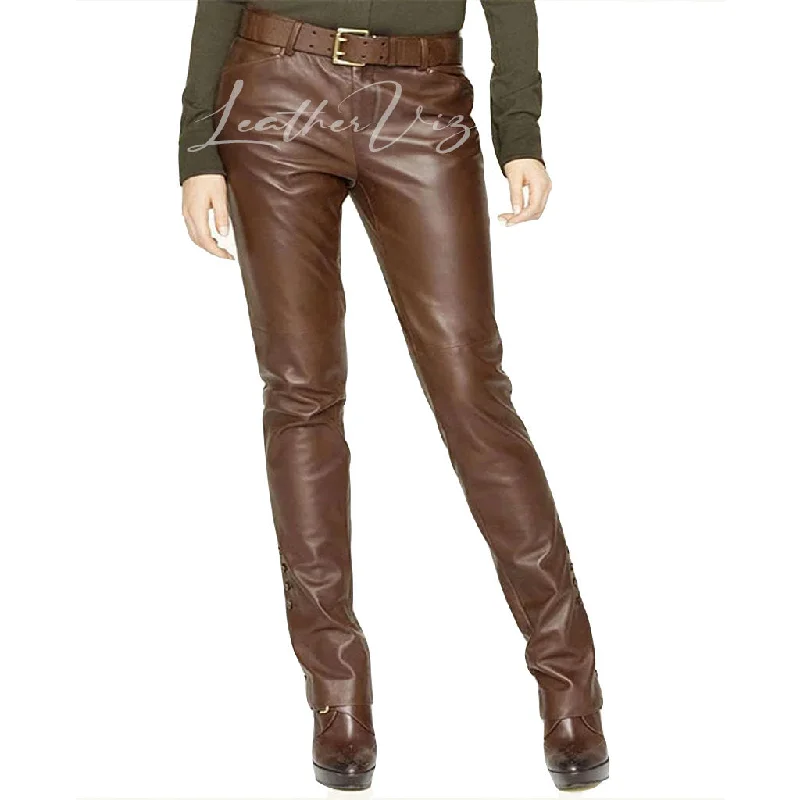 CORPORATE BUTTON DETAILING HEM WOMEN LEATHER TROUSERS Trousers Handmade Artisanal
