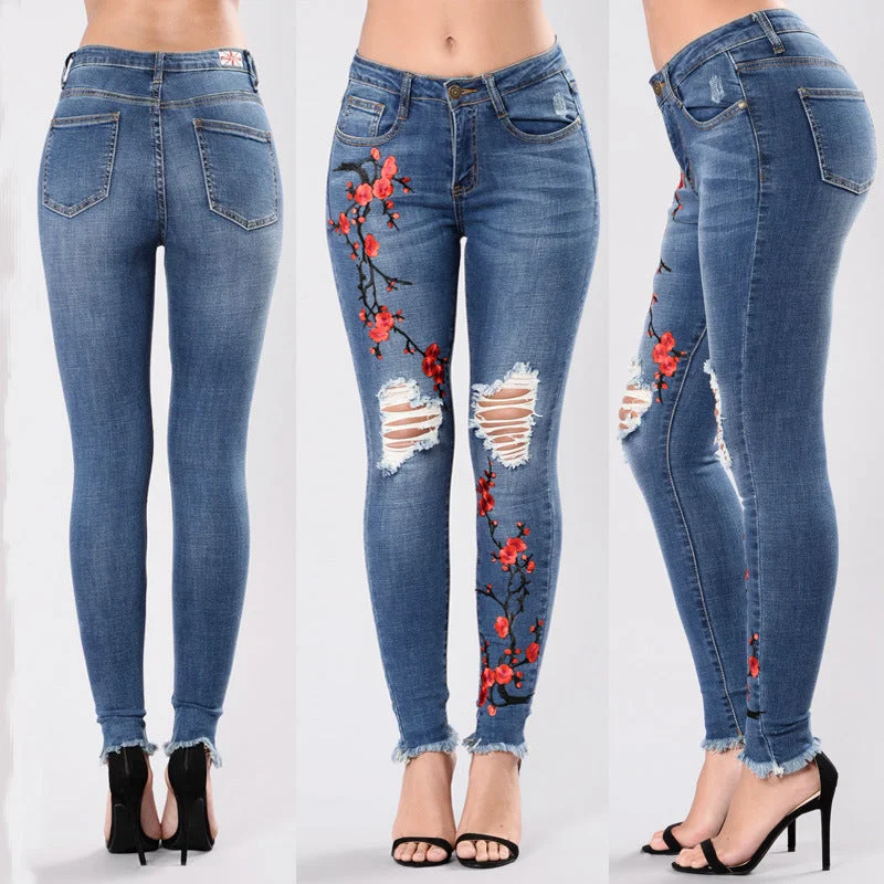 hole embroidered high-elastic denim women's trousers Trousers Culottes Wide Leg
