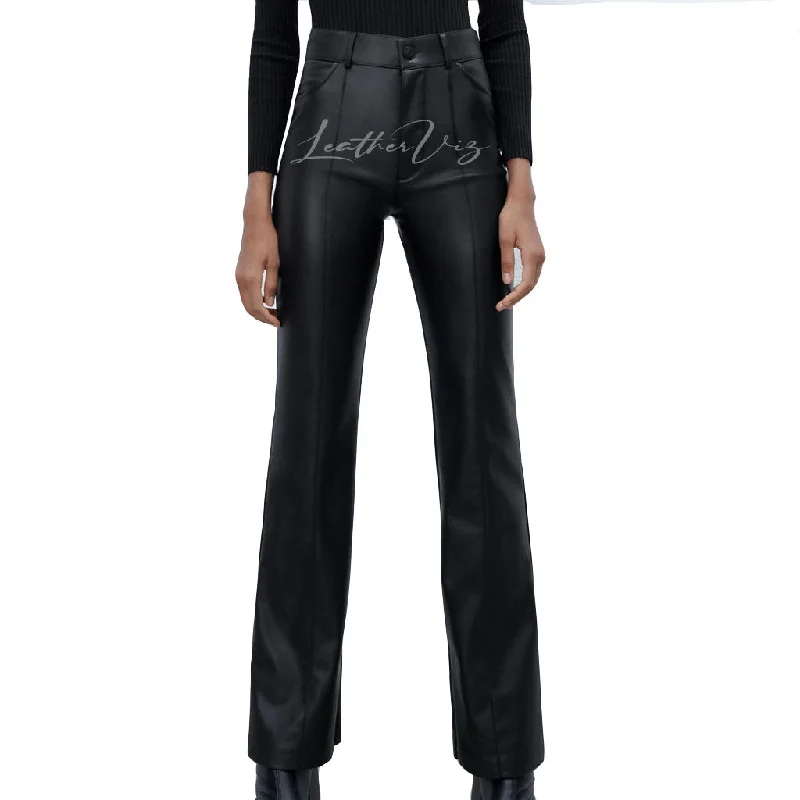 FLARED HEM PANELED DETAILING LEATHER TROUSERS Trousers New Arrival