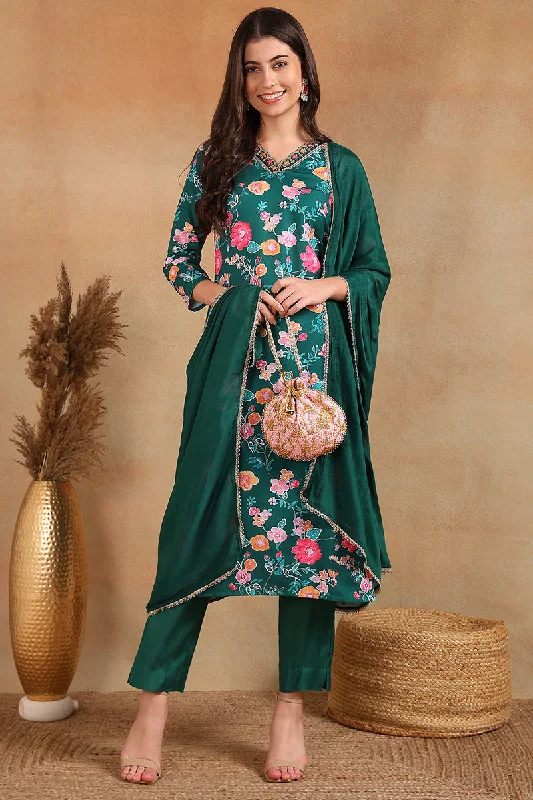 Green Polyester Floral Printed Straight Trouser Suit Set Trousers Fall Fleece