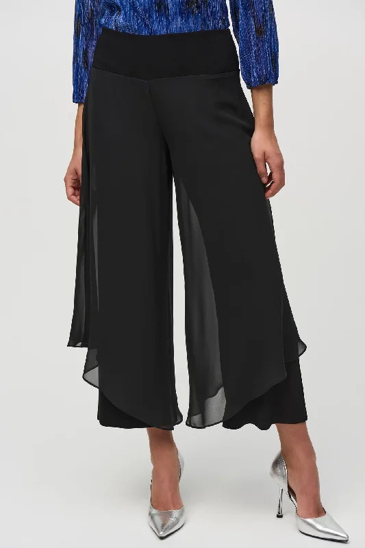 Joseph Ribkoff Black 244208 Chiffon Wide Leg Trousers Trousers Leather Faux
